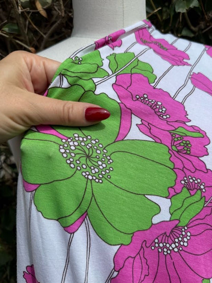 Green Purple White Black Large floral Cotton Jersey "Retro Alice Garden"