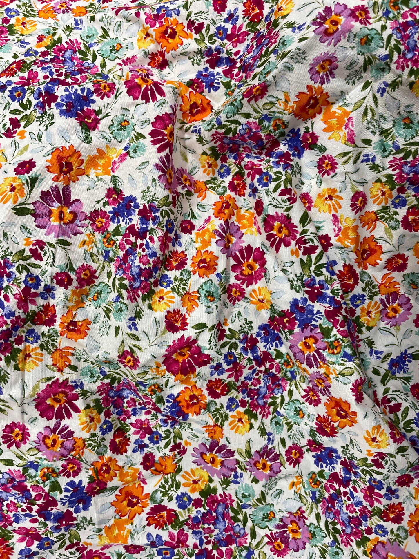 White Pink  Bright Multi Color Floral Cotton Spandex Poplin "Tea Time Date"