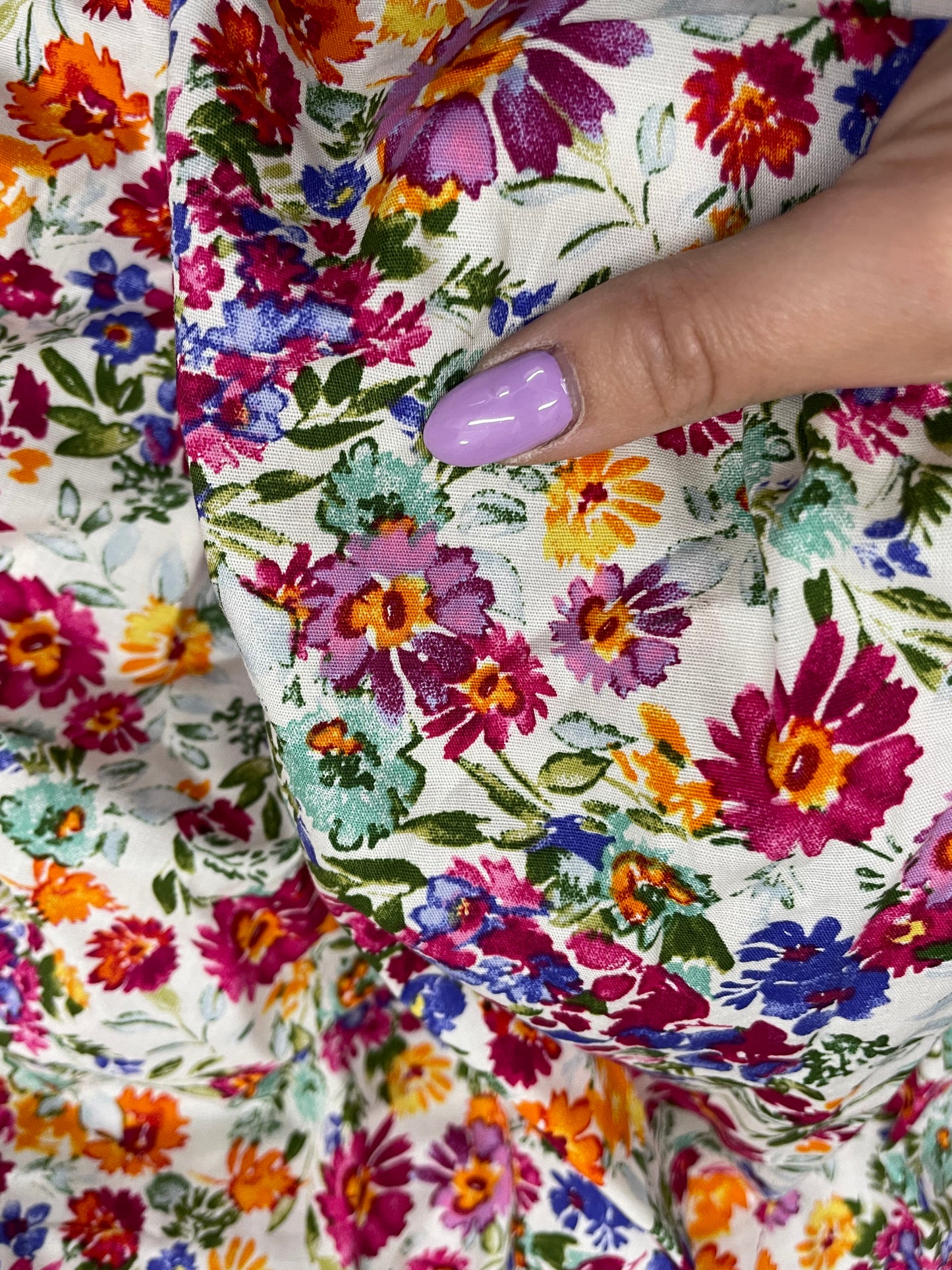 White Pink  Bright Multi Color Floral Cotton Spandex Poplin "Tea Time Date"