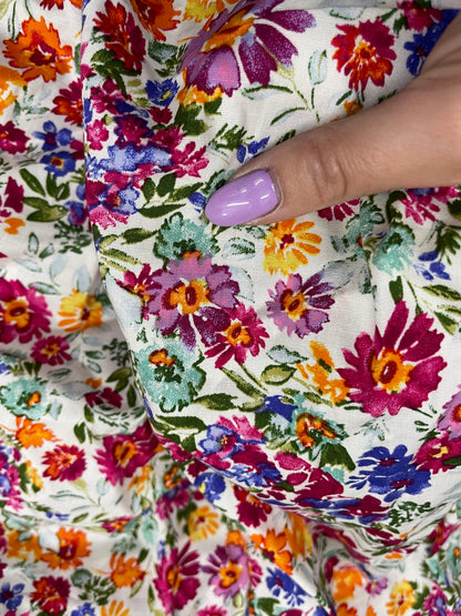 White Pink  Bright Multi Color Floral Cotton Spandex Poplin "Tea Time Date"