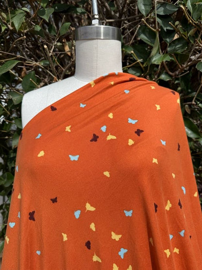 Orange Light Blue Yellow Brown Ditsy Butterfly Brushed Polyester Spandex Jersey DTY Knit "Autumn Wings"