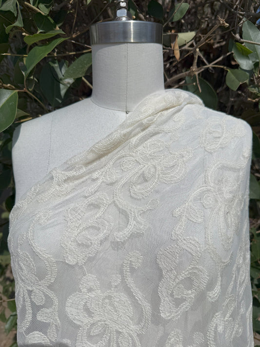 Ivory Embroidered Micro Mesh Lace Cotton Nylon Spandex Knit "Chapel Filigree"