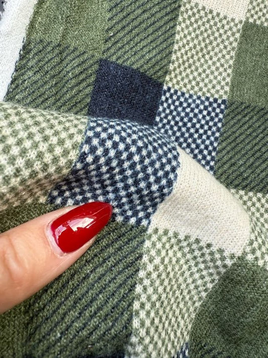 Green Navy Ivory Plaid Hacci Sweater Knit "Mountain View"