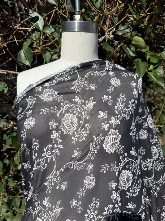 Black White Floral Paisley Polyester Chiffon Sheer Woven "Etched Blossoms"