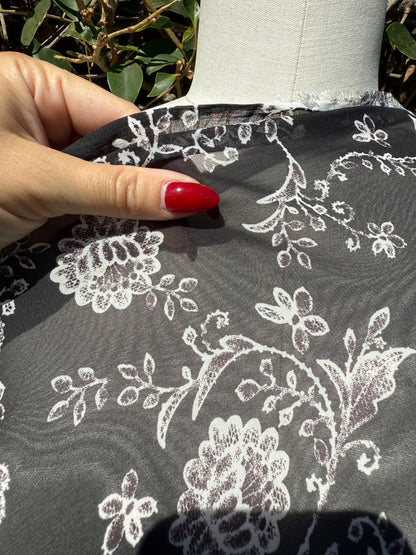 Black White Floral Paisley Polyester Chiffon Sheer Woven "Etched Blossoms"