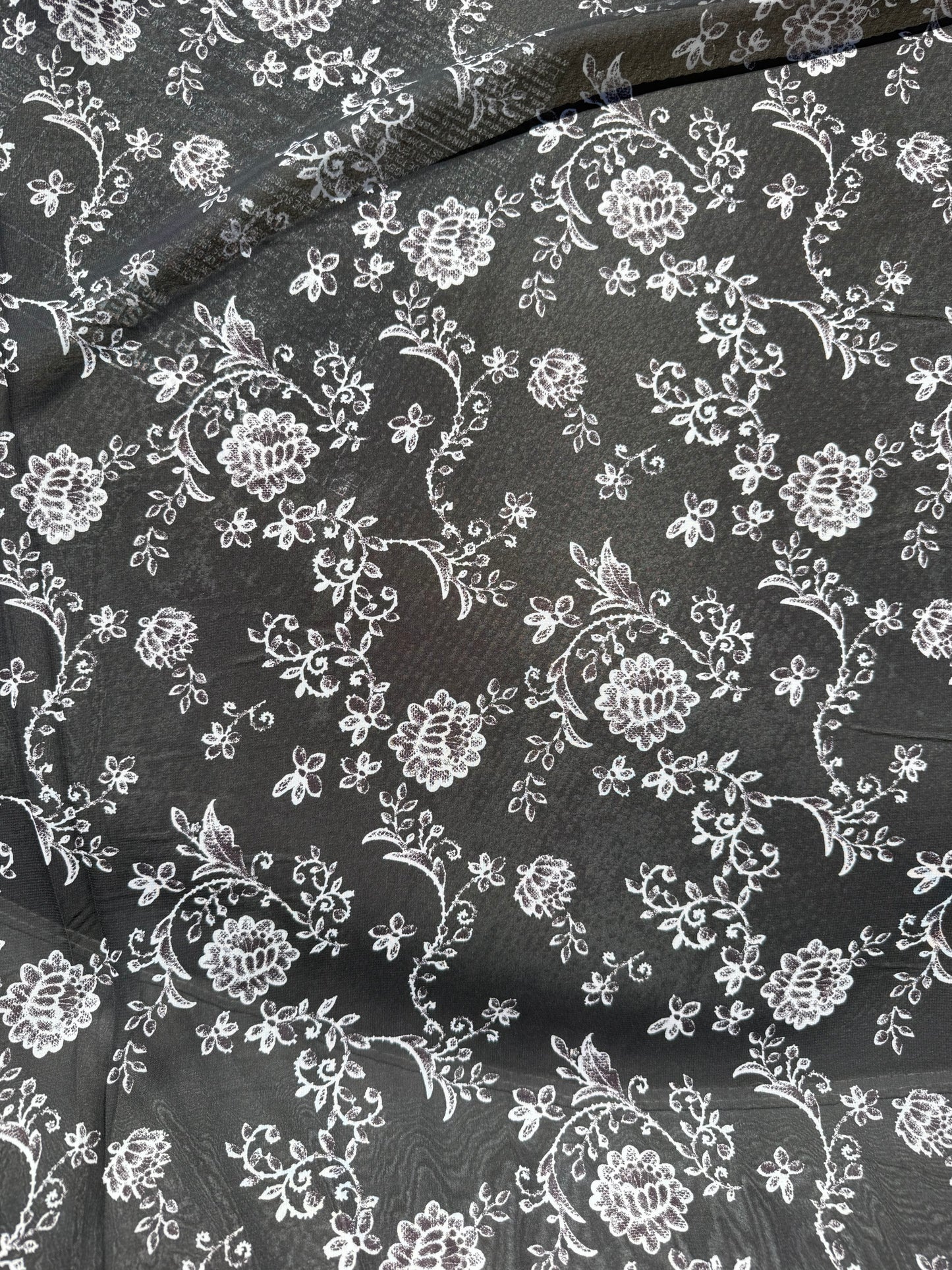 Black White Floral Paisley Polyester Chiffon Sheer Woven "Etched Blossoms"