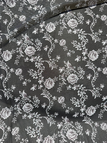 Black White Floral Paisley Polyester Chiffon Sheer Woven "Etched Blossoms"
