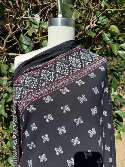 Black White Red Paisley Dot Stripe Border Polyester Crepe Woven "Midnight Rodeo"