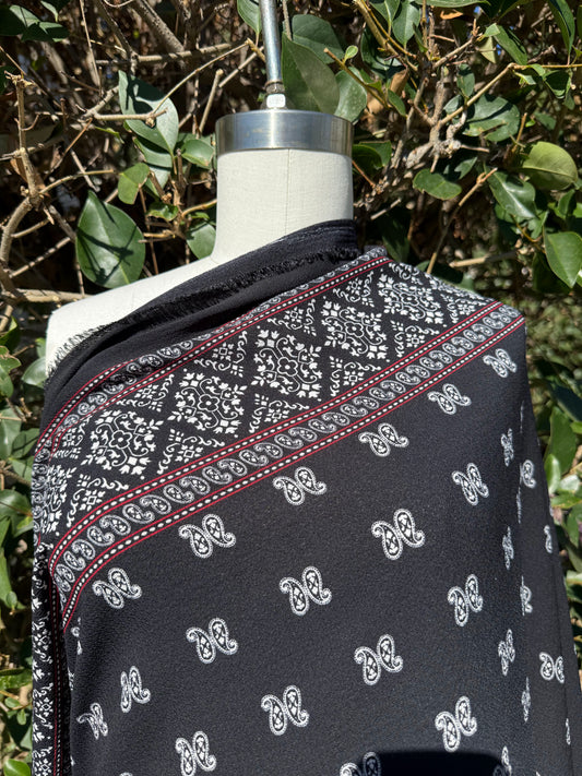 Black White Red Paisley Dot Stripe Border Polyester Crepe Woven "Midnight Rodeo"