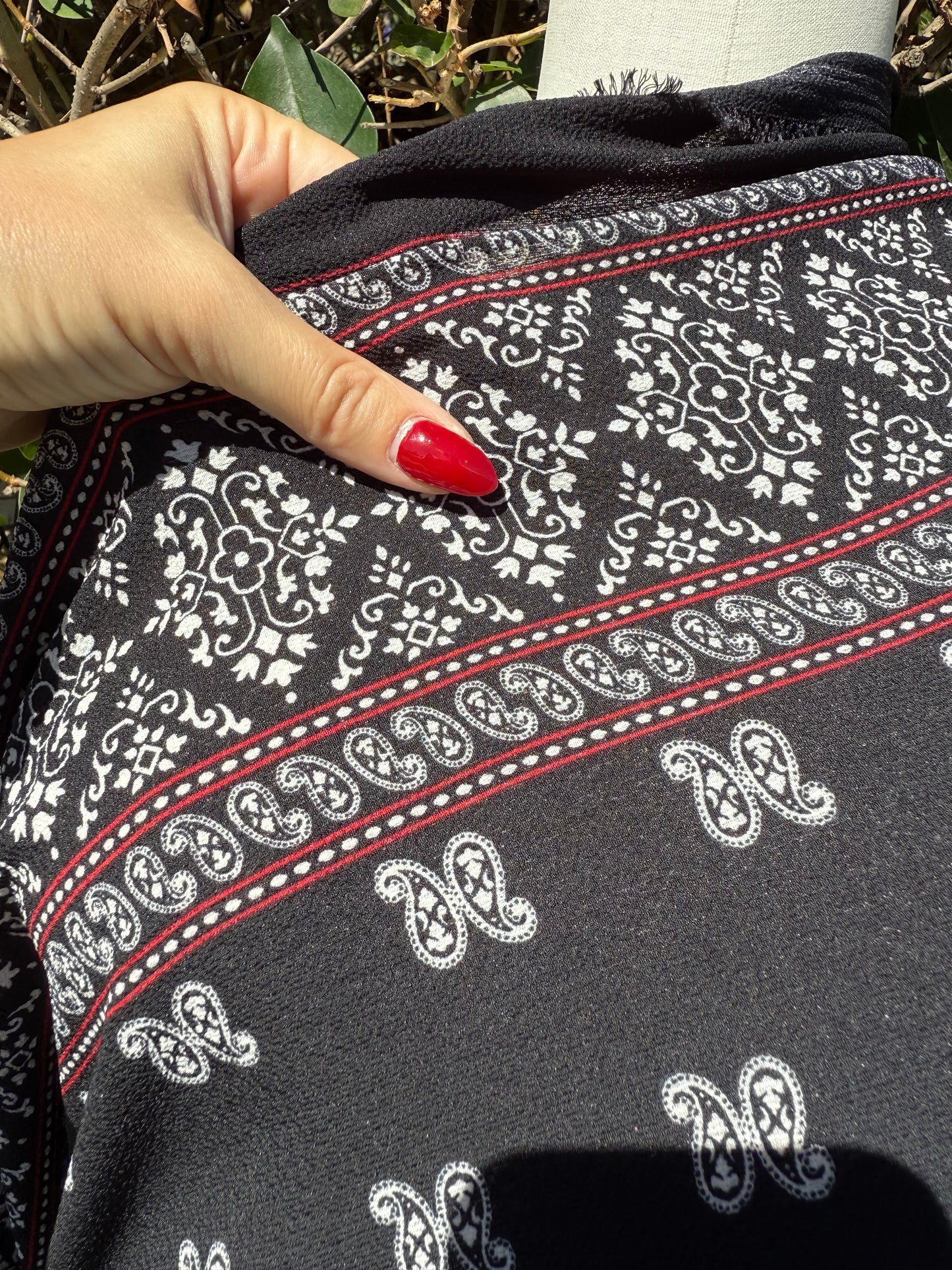Black White Red Paisley Dot Stripe Border Polyester Crepe Woven "Midnight Rodeo"