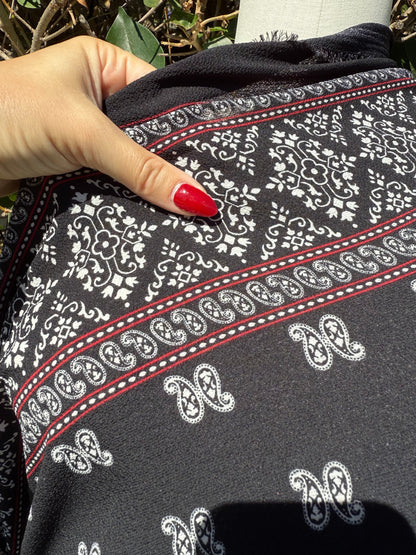 Black White Red Paisley Dot Stripe Border Polyester Crepe Woven "Midnight Rodeo"