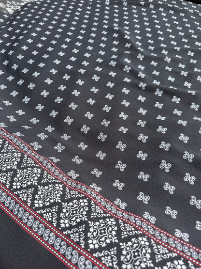 Black White Red Paisley Dot Stripe Border Polyester Crepe Woven "Midnight Rodeo"