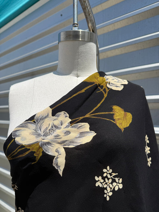 Black Olive White Border Floral Georgette Rayon Crepe Woven ‘Sheer Garden'