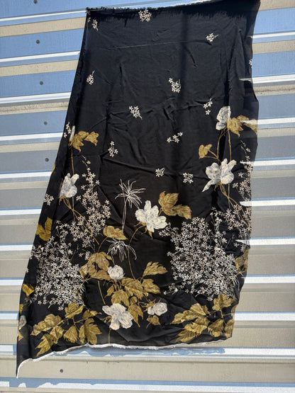 Black Olive White Border Floral Georgette Rayon Crepe Woven ‘Sheer Garden'