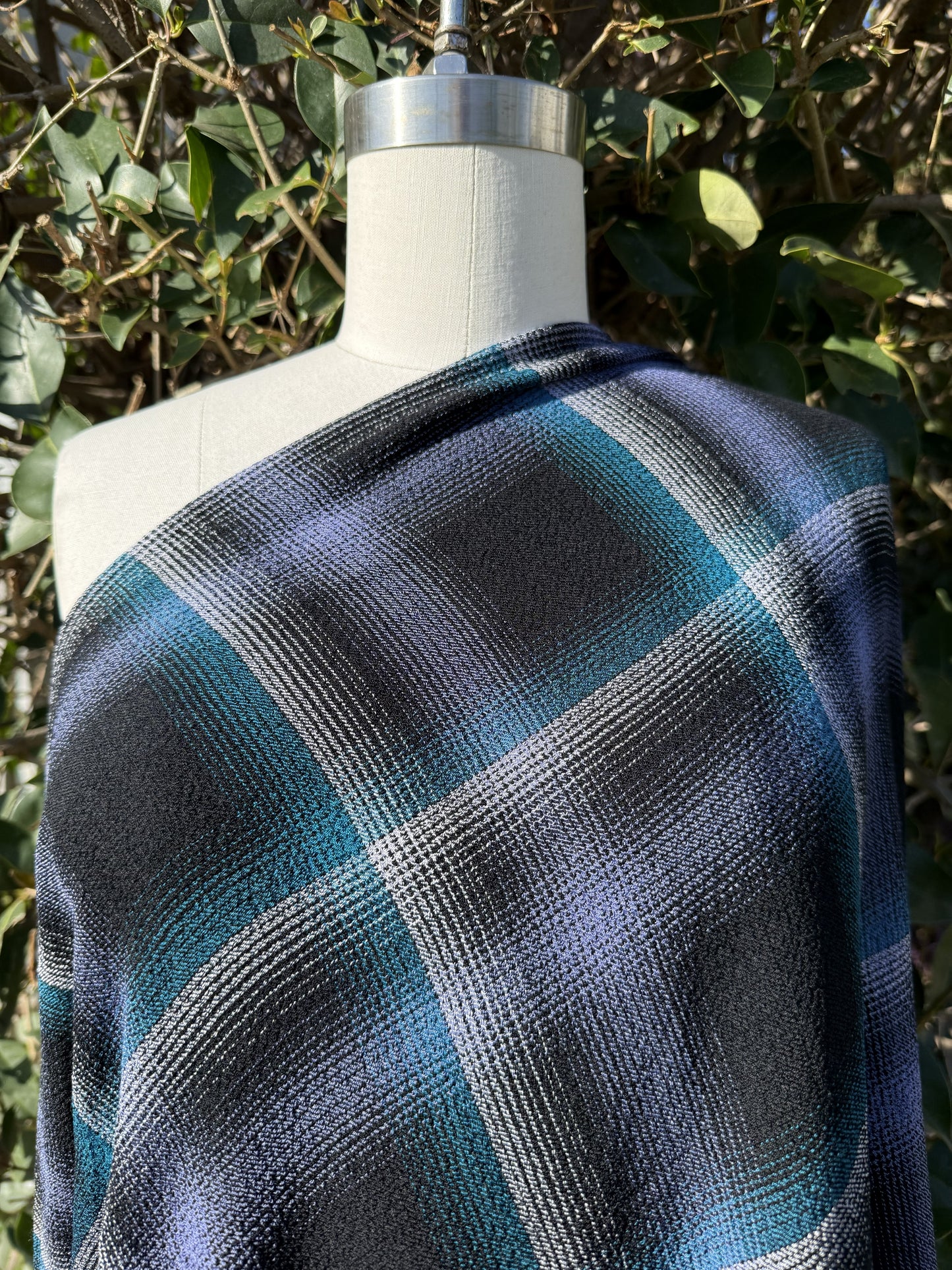 Blue White Black Plaid Rayon Texture Crepe Woven "Threadbare Plaid"