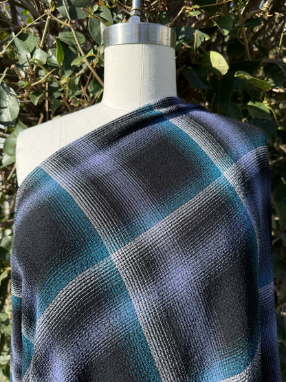 Blue White Black Plaid Rayon Texture Crepe Woven "Threadbare Plaid"