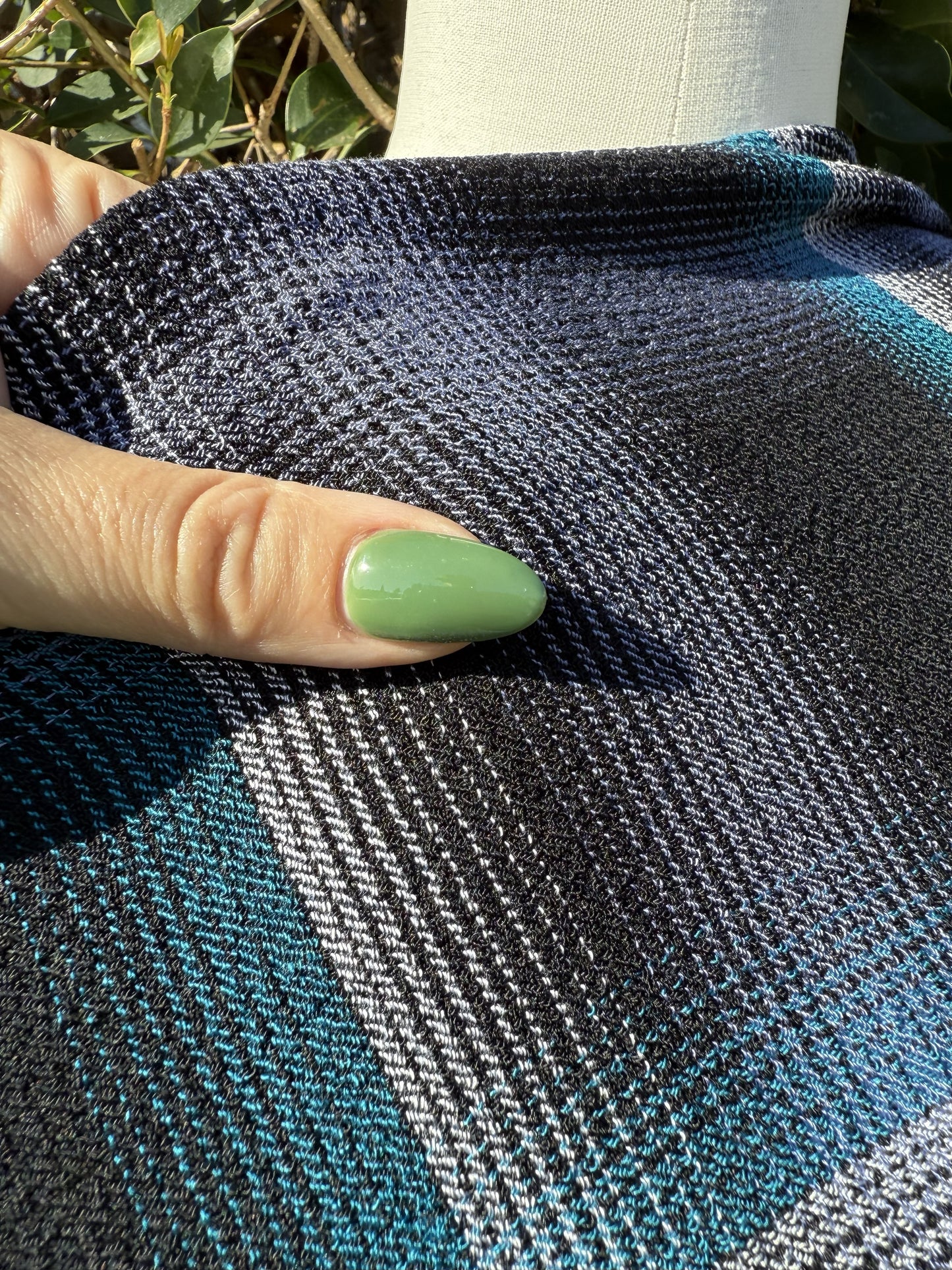 Blue White Black Plaid Rayon Texture Crepe Woven "Threadbare Plaid"