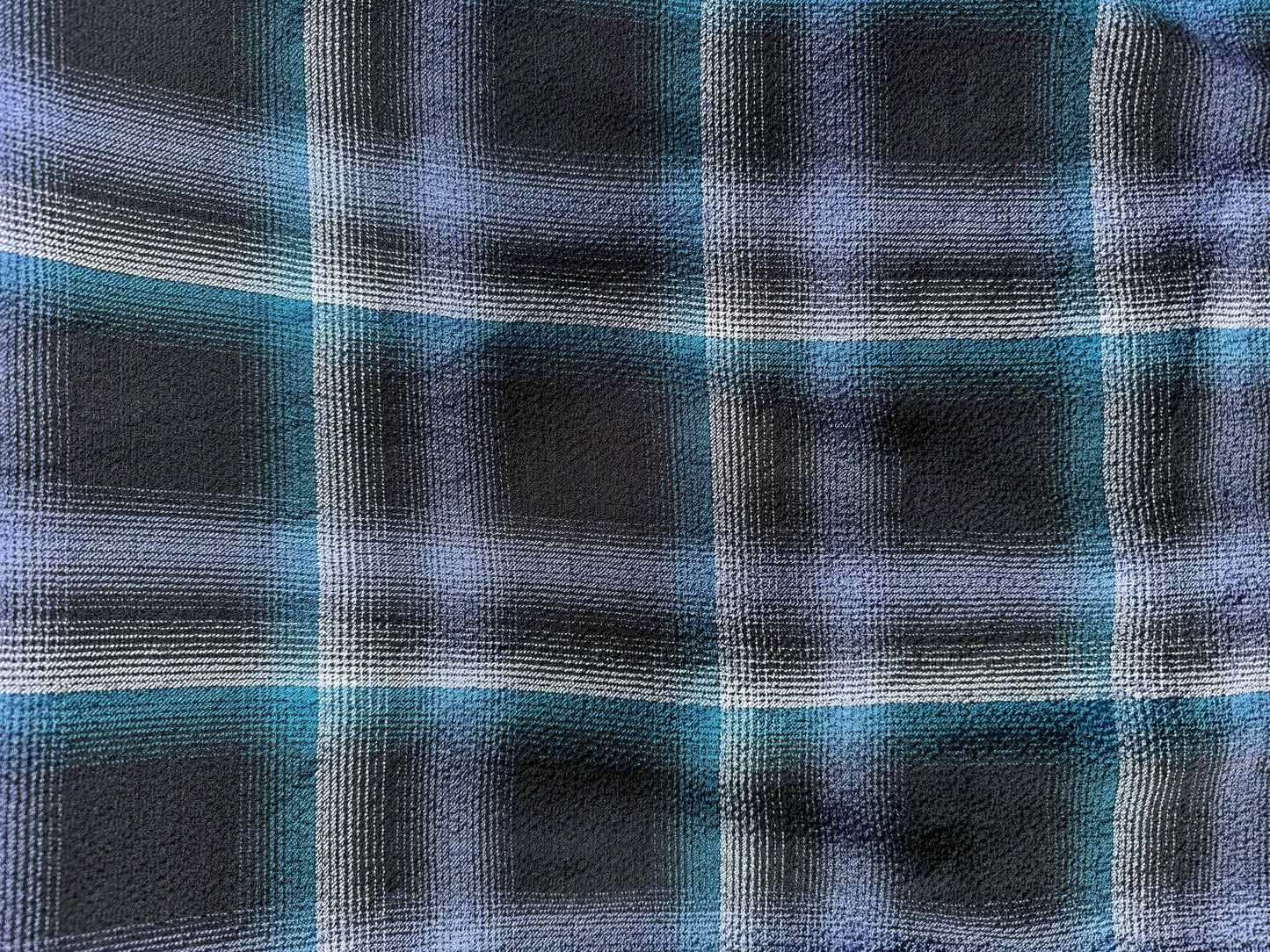 Blue White Black Plaid Rayon Texture Crepe Woven "Threadbare Plaid"
