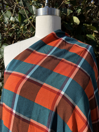 Orange Teal  Plaid Rayon Challis Woven “Heather in the Meadow"