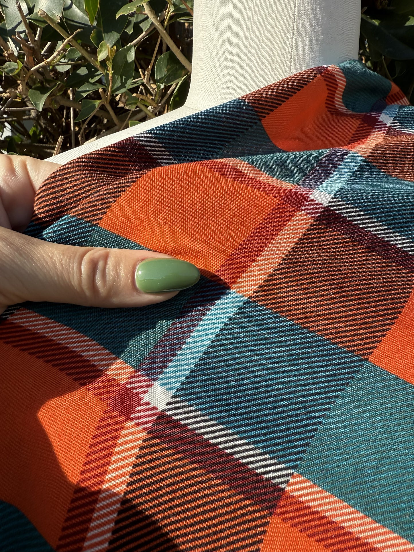 Orange Teal  Plaid Rayon Challis Woven “Heather in the Meadow"