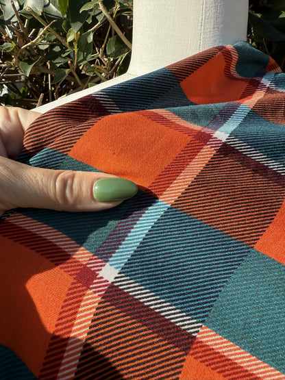 Orange Teal  Plaid Rayon Challis Woven “Heather in the Meadow"