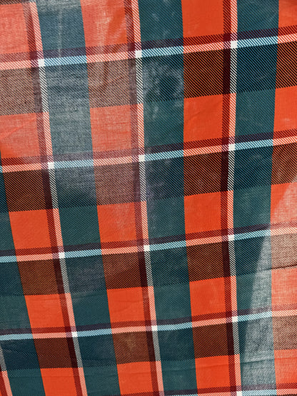 Orange Teal  Plaid Rayon Challis Woven “Heather in the Meadow"