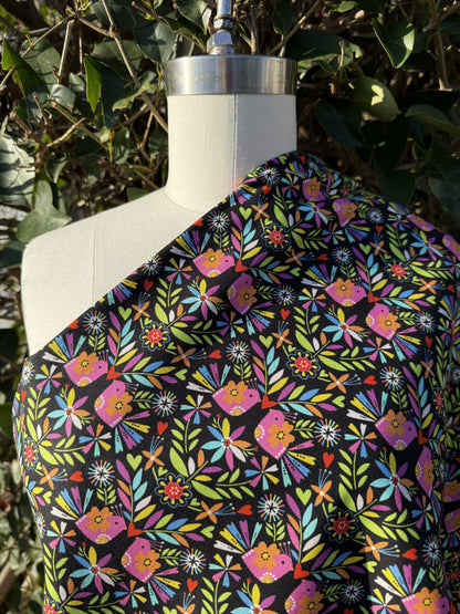 Black Pink Green Purple Yellow Orange White Blue Red Birds Floral Hearts Cotton "Lorikeet Love"