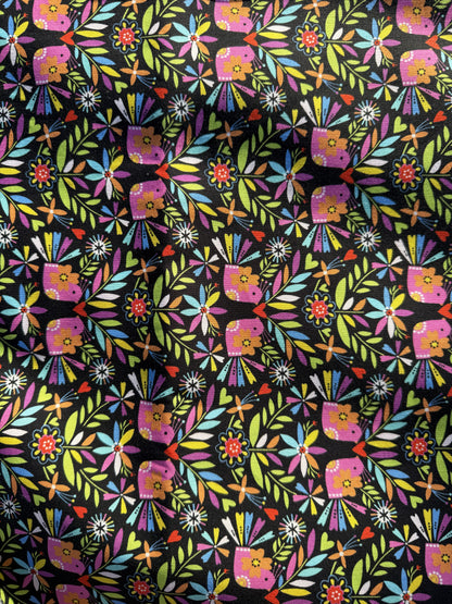 Black Pink Green Purple Yellow Orange White Blue Red Birds Floral Hearts Cotton "Lorikeet Love"