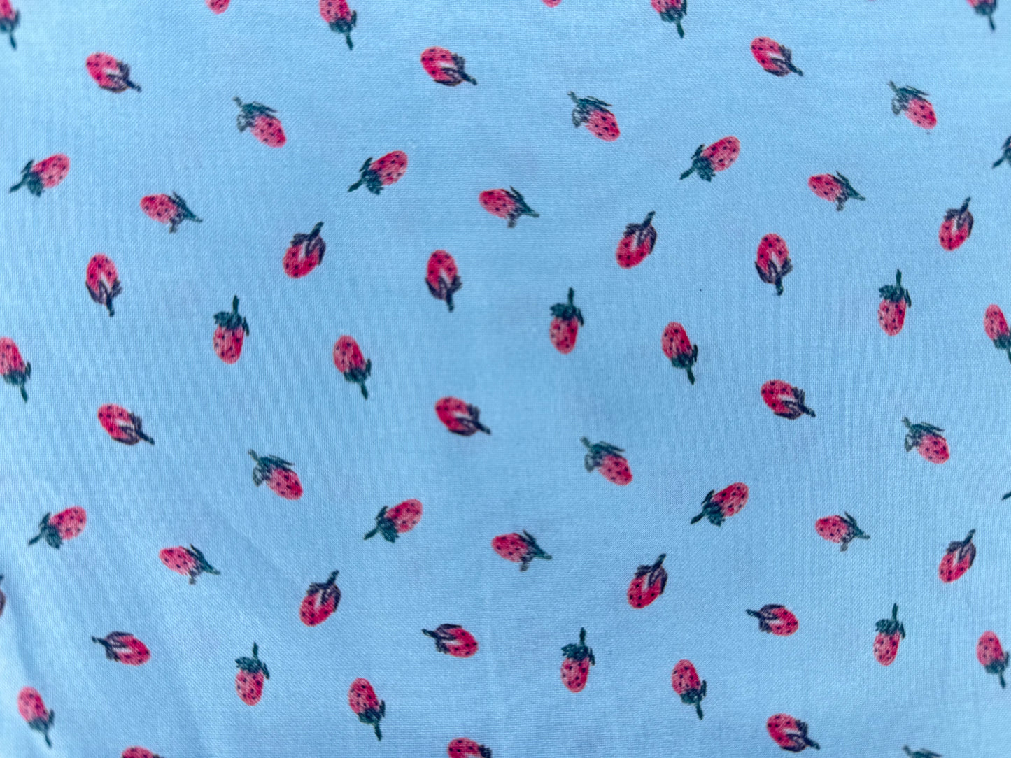 Blue Pink Ditsy Strawberry Print Quilt Cotton "Baby Berry"