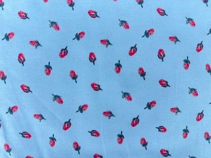 Blue Pink Ditsy Strawberry Print Quilt Cotton "Baby Berry"