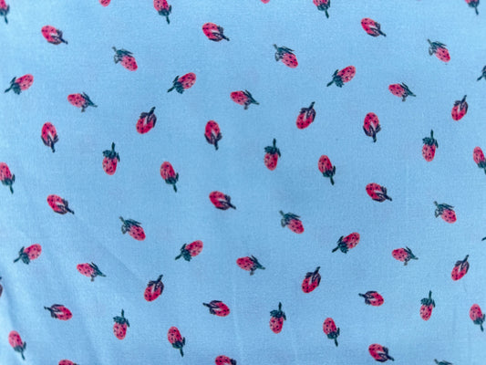 Blue Pink Ditsy Strawberry Print Quilt Cotton "Baby Berry"