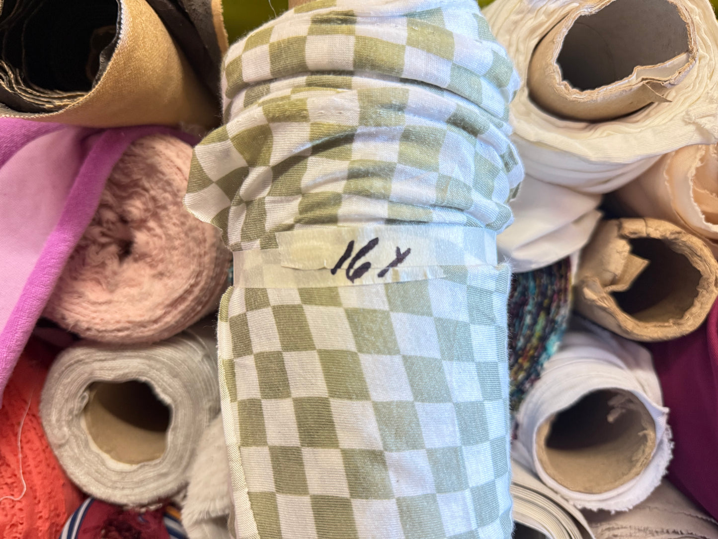 Sunday Morning-Sage Green White Checker Rayon Spandex Jersey 16 Yards