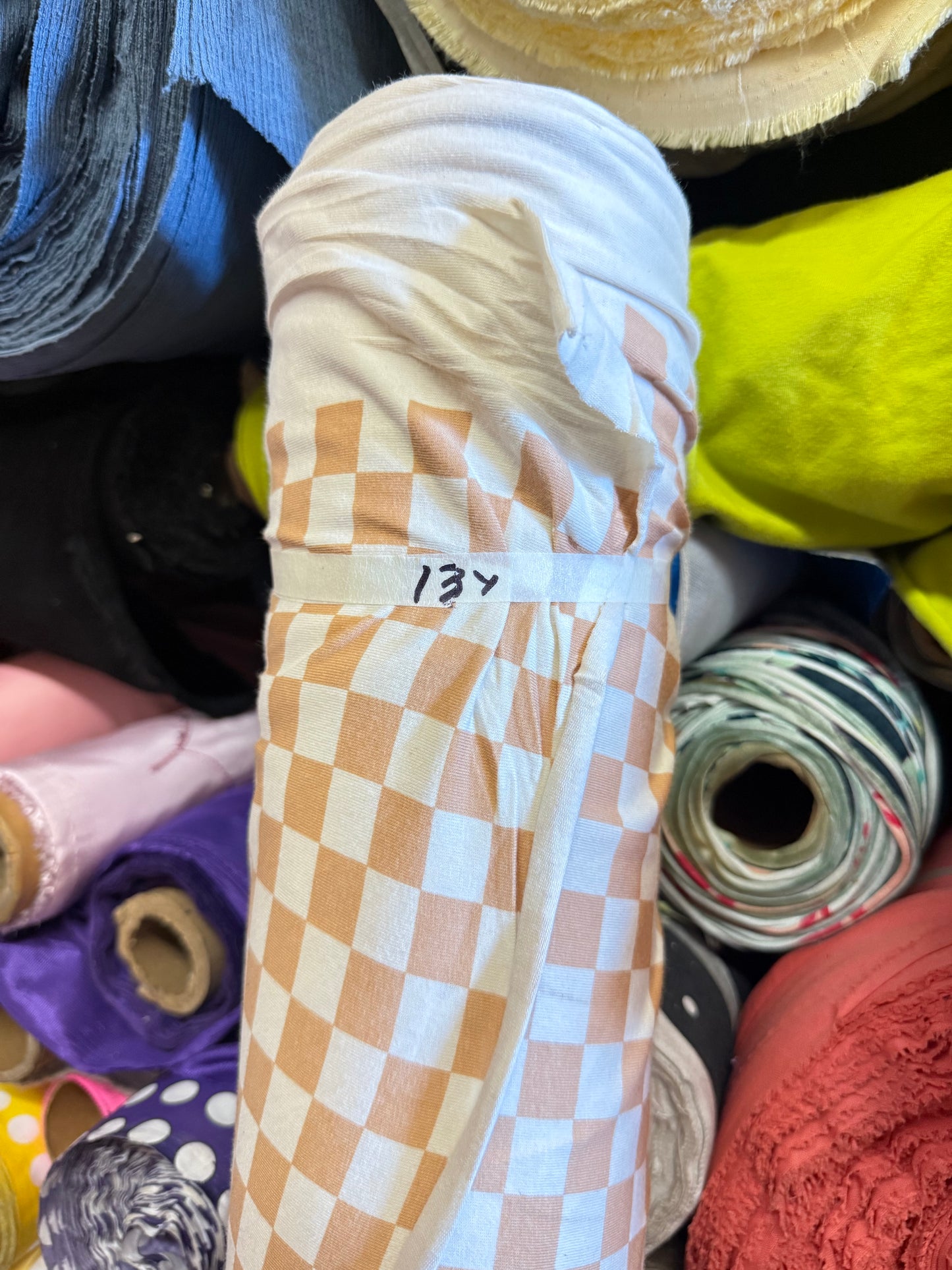 Hella Good-Taupe White Checker Rayon Spandex Jersey 13 Yards