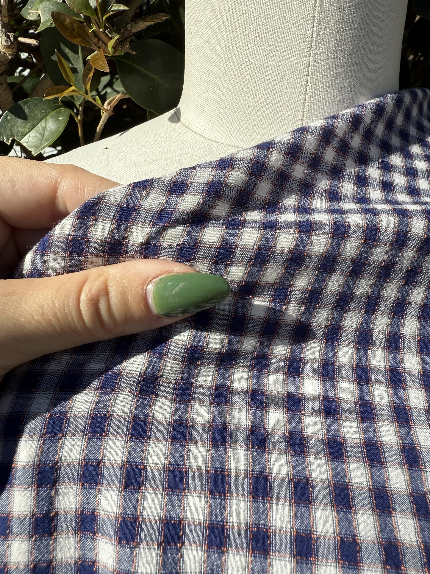 Blue White Orange Ditsy Gingham Sheer Cotton Voile  "Potato Farm"