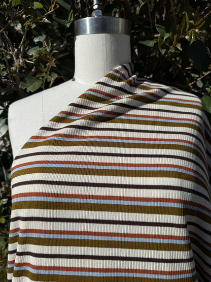 Cream Mustard Blue Rust Brown Striped Cotton Spandex Rib Knit "Lost in Hawkins"