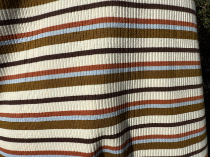 Cream Mustard Blue Rust Brown Striped Cotton Spandex Rib Knit "Lost in Hawkins"