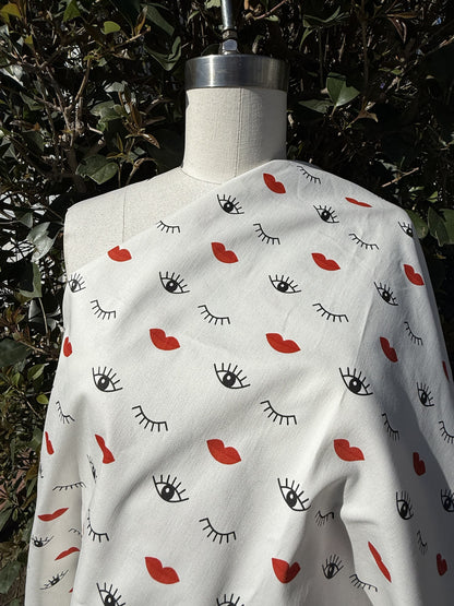 White Black Red Eye Lip Print Cotton Spandex Sateen Woven "Bedroom Eyes"