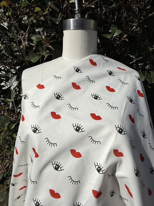 White Black Red Eye Lip Print Cotton Spandex Sateen Woven "Bedroom Eyes"