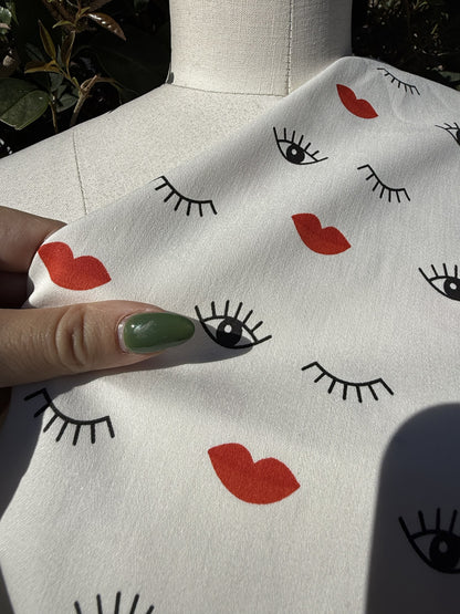 White Black Red Eye Lip Print Cotton Spandex Sateen Woven "Bedroom Eyes"