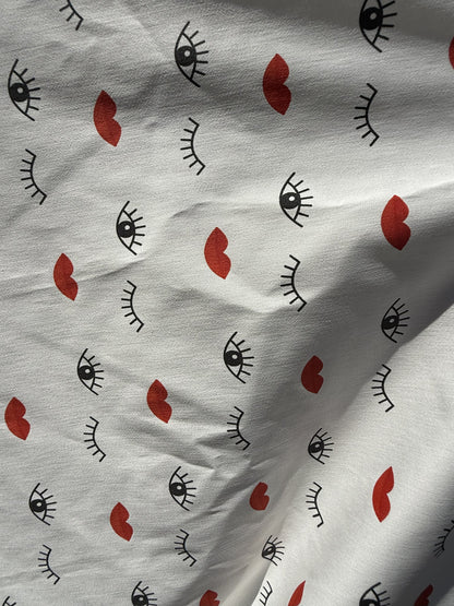 White Black Red Eye Lip Print Cotton Spandex Sateen Woven "Bedroom Eyes"