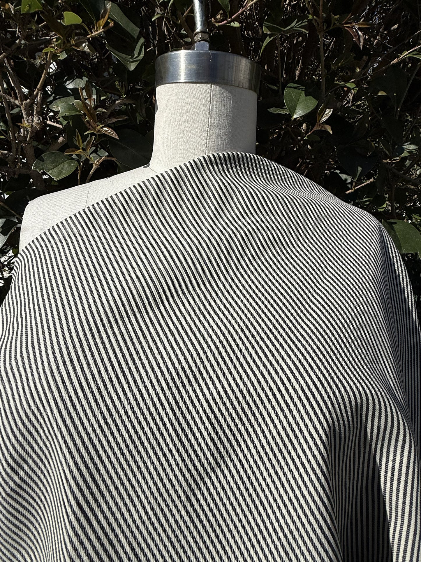 Navy White Thin Stripe Light Weight Cotton Spandex Denim "Tracks"