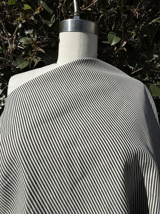 Navy White Thin Stripe Light Weight Cotton Spandex Denim "Tracks"