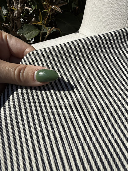 Navy White Thin Stripe Light Weight Cotton Spandex Denim "Tracks"