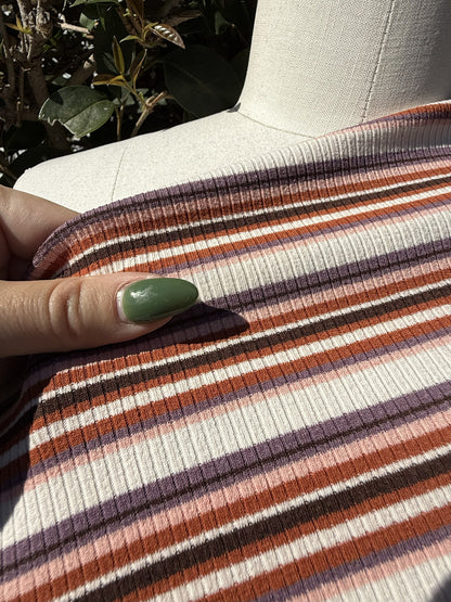 Purple Pink Red Black Cream Striped Cotton Spandex Rib Knit "Sunset Skate"