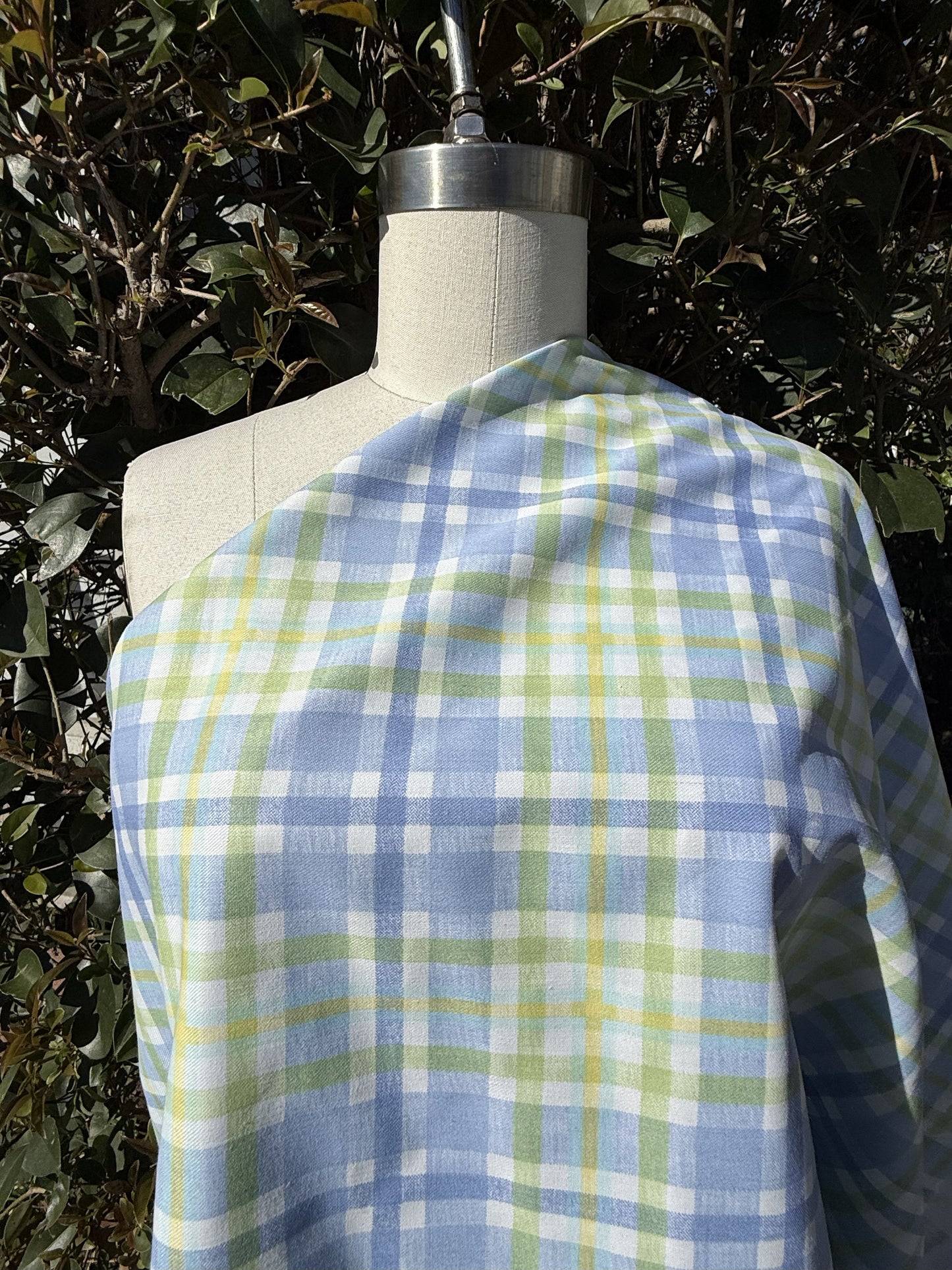 Yellow Blue Green White Plaid Vintage Cotton Twill "Summer Pond"