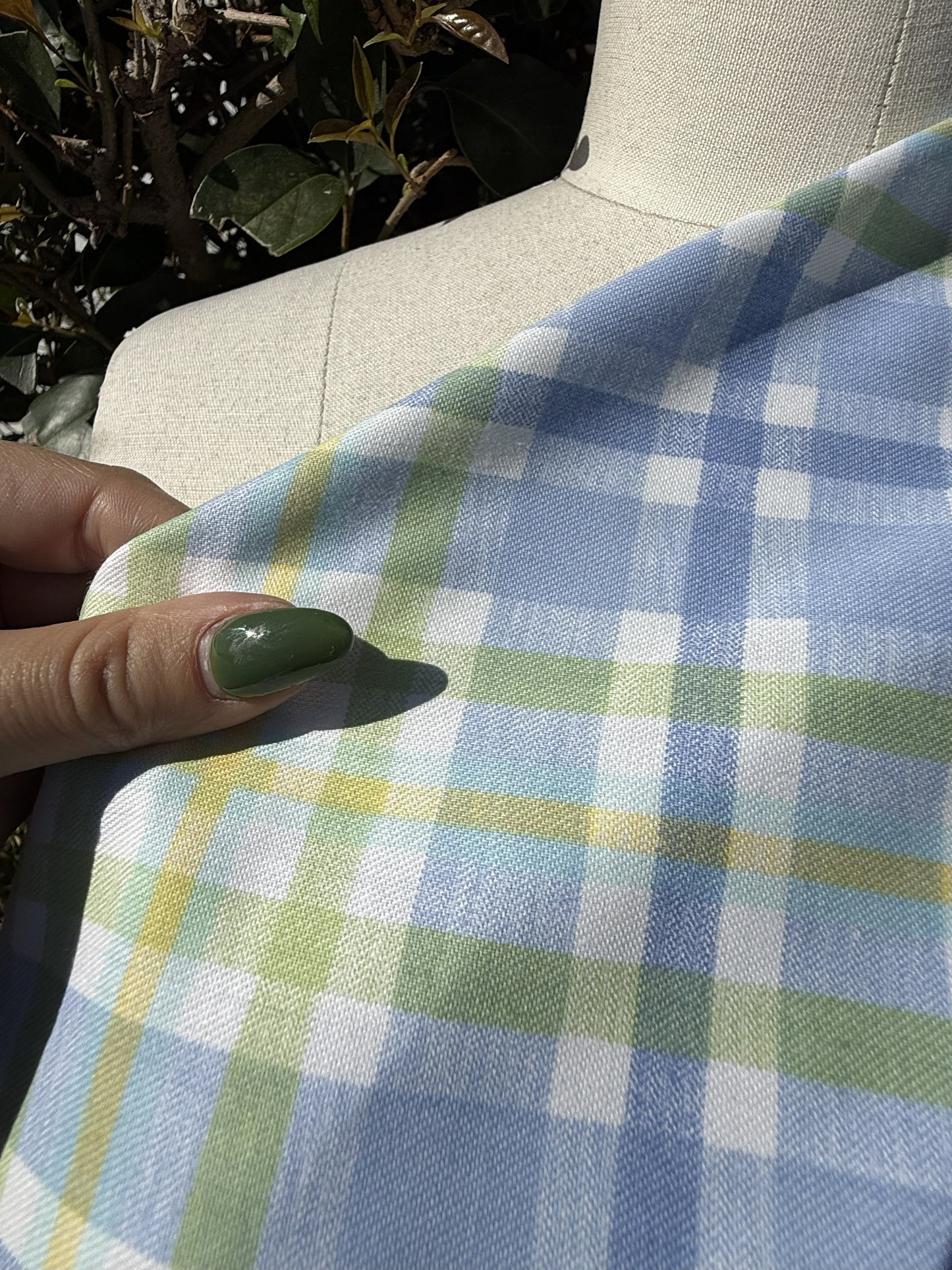 Yellow Blue Green White Plaid Vintage Cotton Twill "Summer Pond"