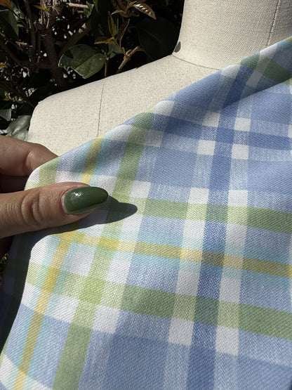 Yellow Blue Green White Plaid Vintage Cotton Twill "Summer Pond"