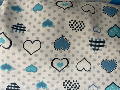 Blue White Retro Heart Vintage Cotton Lightweight Poplin "Cupid Cutie"