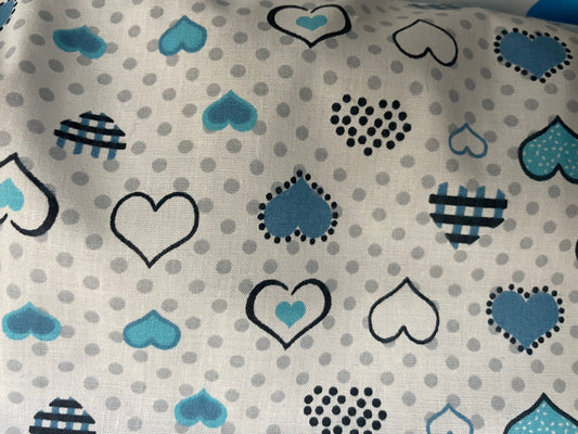 Blue White Retro Heart Vintage Cotton Lightweight Poplin "Cupid Cutie"