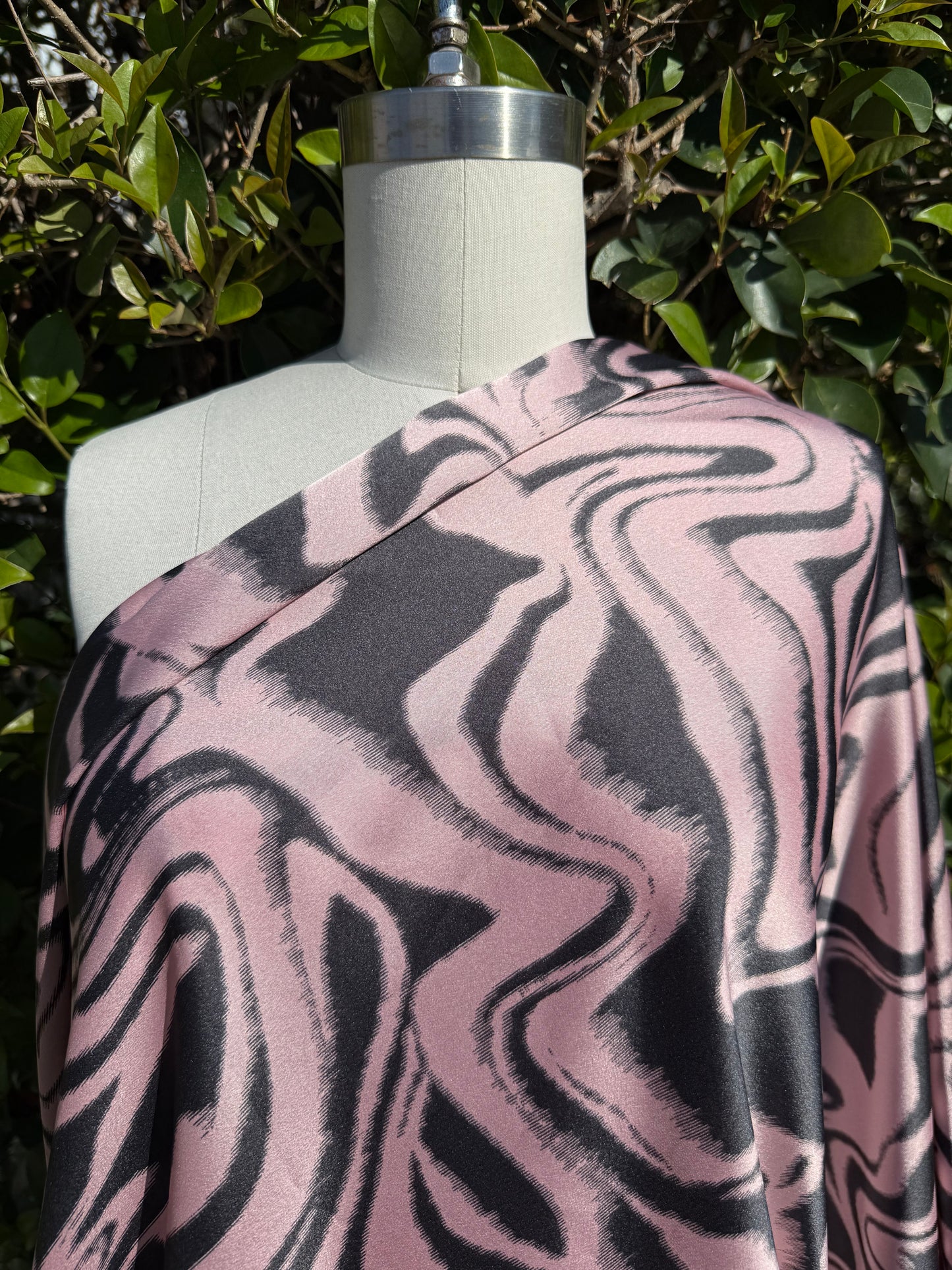 Baby Pink Black Marble Swirl Ripple Stripes Polyester Charmeuse "Fudge N Strawberry Cream"